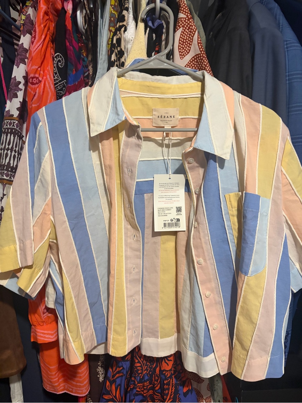 Sezane Maelline Pastel Multi-Stripe Short-Sleeve Button Shirt